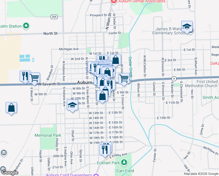 map of restaurants, bars, coffee shops, grocery stores, and more near 102 North Cedar Street in Auburn