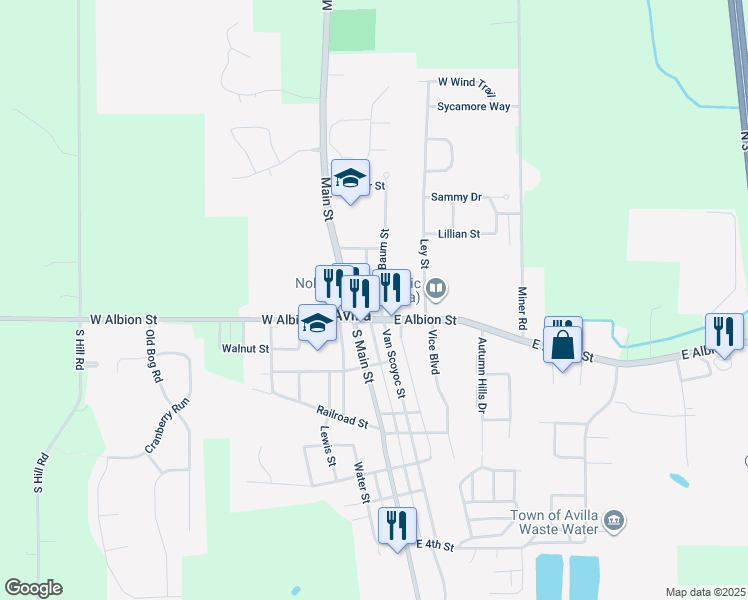 map of restaurants, bars, coffee shops, grocery stores, and more near 108 Baum Street in Avilla