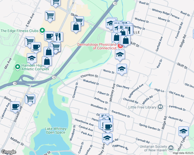 map of restaurants, bars, coffee shops, grocery stores, and more near 115 Bedford Avenue in Hamden