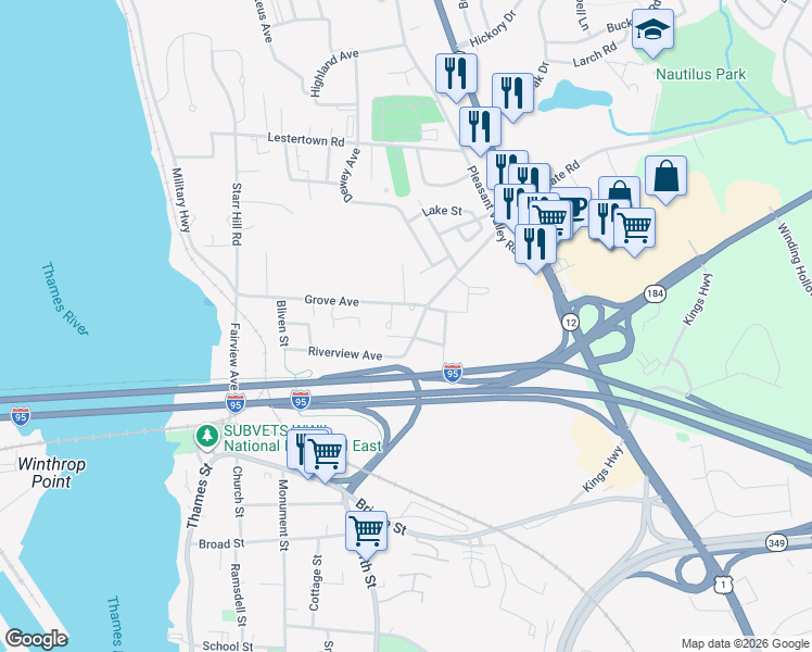 map of restaurants, bars, coffee shops, grocery stores, and more near 202 Grove Avenue in Groton
