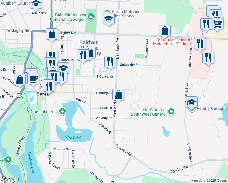 map of restaurants, bars, coffee shops, grocery stores, and more near 221 Eastland Road in Berea