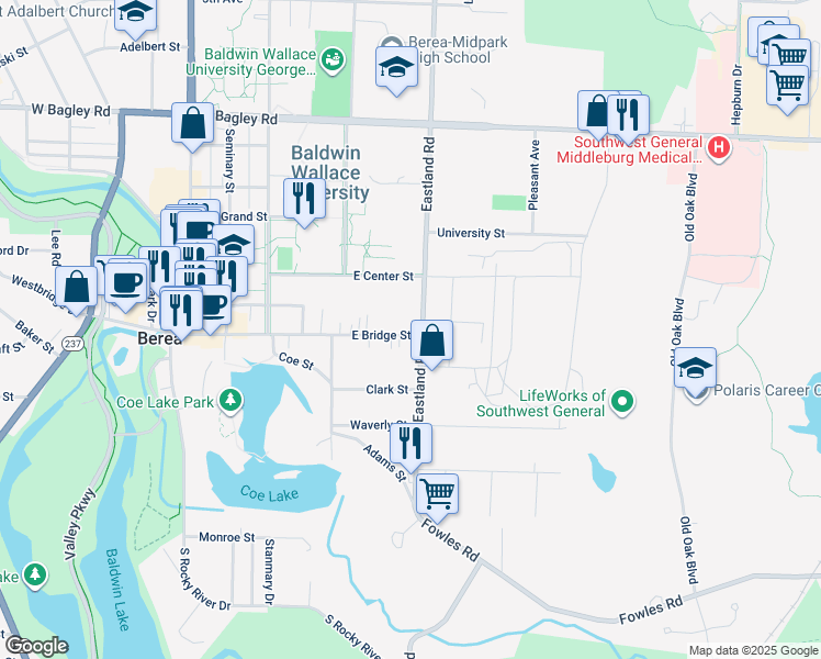 map of restaurants, bars, coffee shops, grocery stores, and more near 221 Eastland Road in Berea
