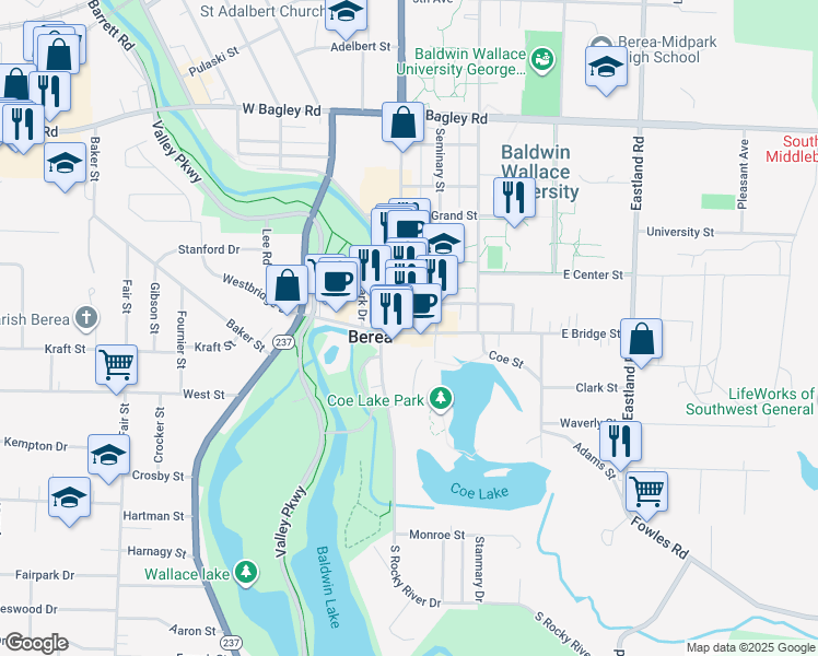 map of restaurants, bars, coffee shops, grocery stores, and more near 61 Riverside Drive in Berea