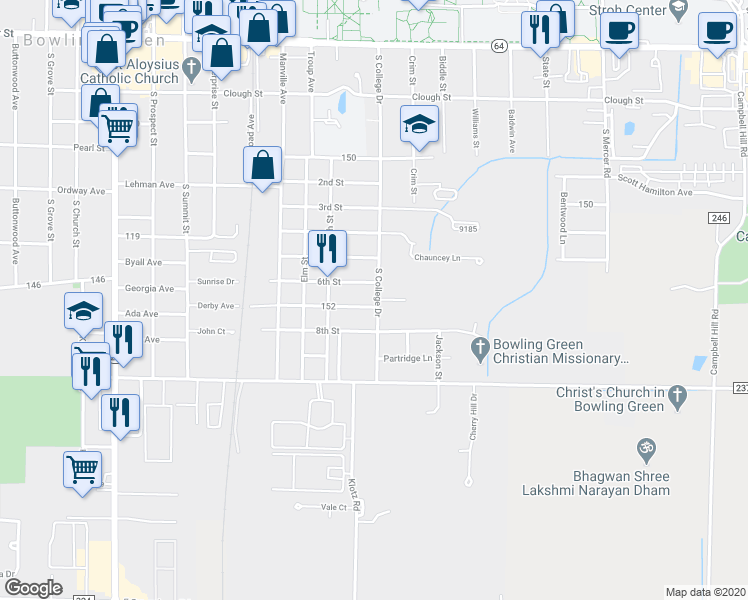 map of restaurants, bars, coffee shops, grocery stores, and more near 843 6th Street in Bowling Green