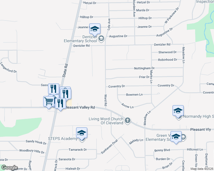 map of restaurants, bars, coffee shops, grocery stores, and more near 7319 Ward Road in Parma