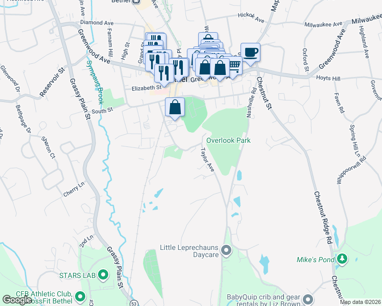 map of restaurants, bars, coffee shops, grocery stores, and more near 26 Taylor Avenue in Bethel