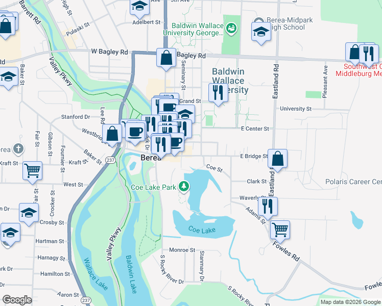 map of restaurants, bars, coffee shops, grocery stores, and more near 77 East Bridge Street in Berea