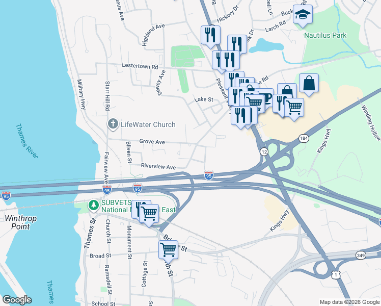 map of restaurants, bars, coffee shops, grocery stores, and more near 202 Grove Avenue in Groton