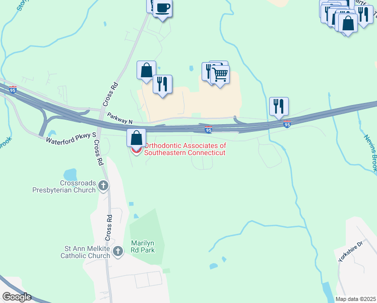map of restaurants, bars, coffee shops, grocery stores, and more near 1 Beechwood Drive in Waterford