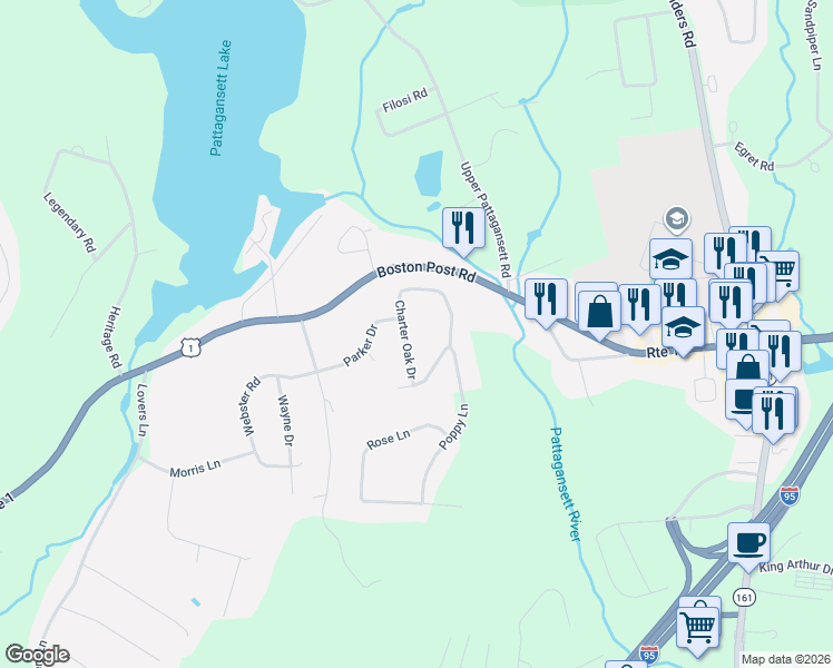 map of restaurants, bars, coffee shops, grocery stores, and more near 34 Parker Drive in East Lyme