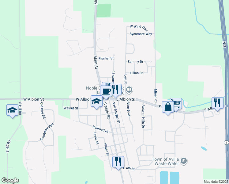map of restaurants, bars, coffee shops, grocery stores, and more near 108 Baum Street in Avilla
