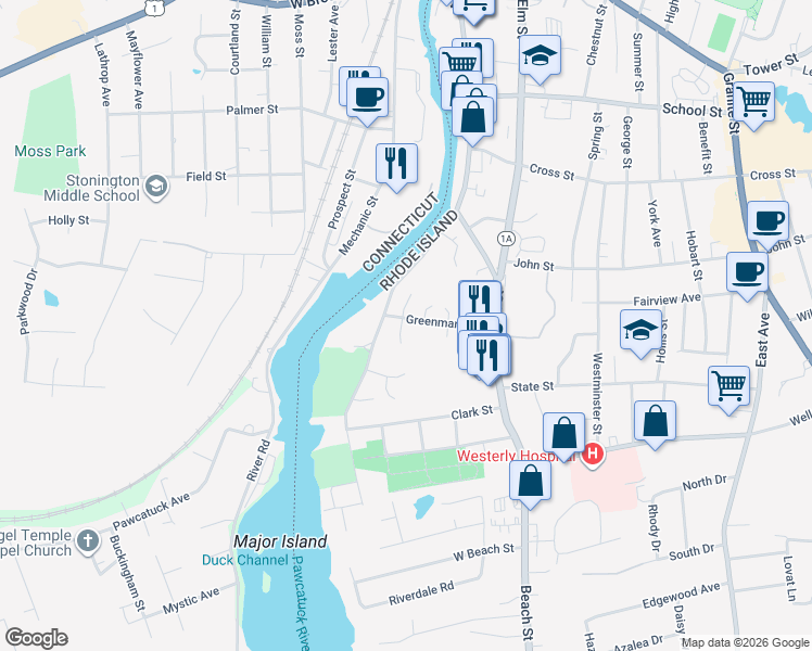 map of restaurants, bars, coffee shops, grocery stores, and more near 31 Greenman Avenue in Westerly