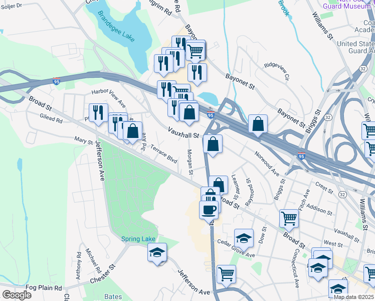 map of restaurants, bars, coffee shops, grocery stores, and more near 70 Morgan Street in New London