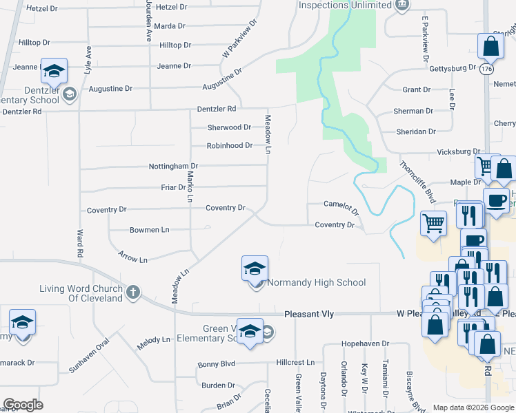 map of restaurants, bars, coffee shops, grocery stores, and more near 2507 Friar Drive in Parma
