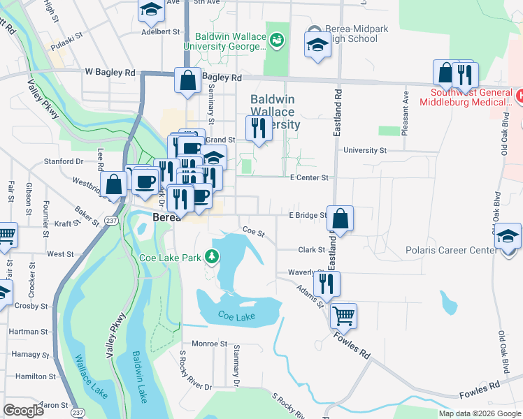 map of restaurants, bars, coffee shops, grocery stores, and more near 105 Church Street in Berea