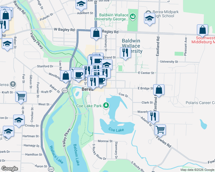 map of restaurants, bars, coffee shops, grocery stores, and more near 49 Seminary Street in Berea
