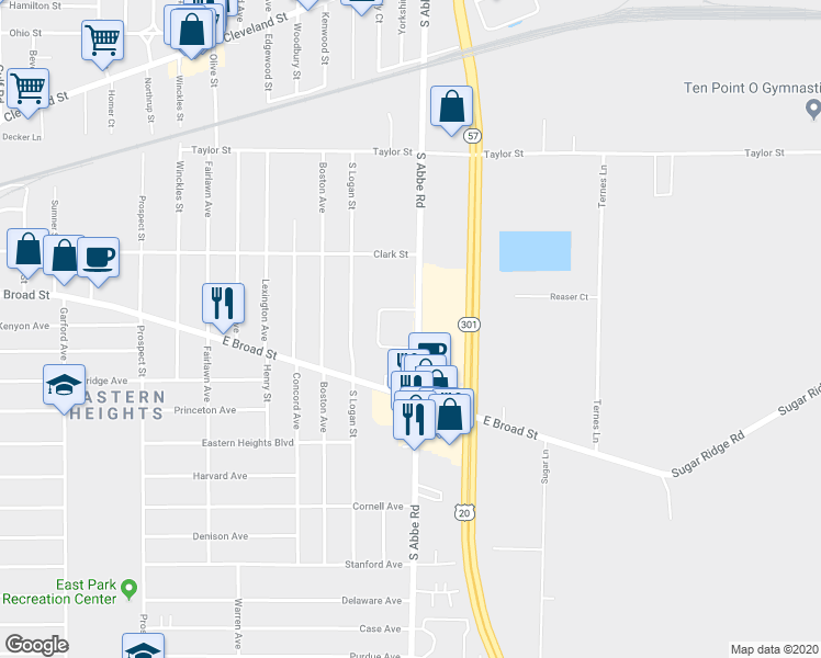 map of restaurants, bars, coffee shops, grocery stores, and more near 525 South Abbe Road in Elyria