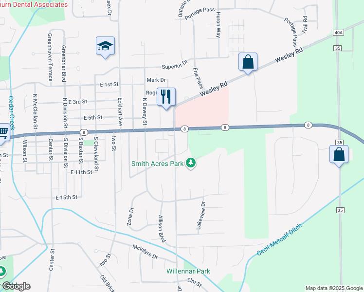 map of restaurants, bars, coffee shops, grocery stores, and more near 100 North Duesenberg Road in Auburn