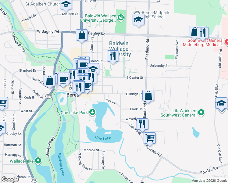 map of restaurants, bars, coffee shops, grocery stores, and more near 105 Church Street in Berea
