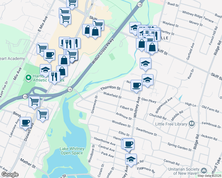 map of restaurants, bars, coffee shops, grocery stores, and more near 107 Thornton Street in Hamden