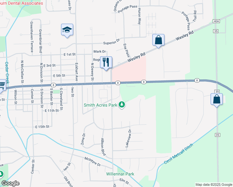 map of restaurants, bars, coffee shops, grocery stores, and more near 100 North Duesenberg Road in Auburn