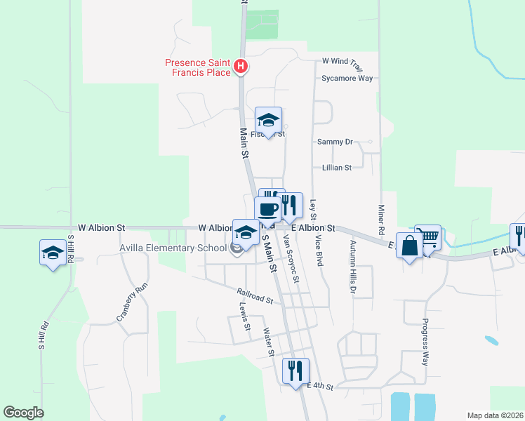 map of restaurants, bars, coffee shops, grocery stores, and more near 162-198 North Main Street in Avilla