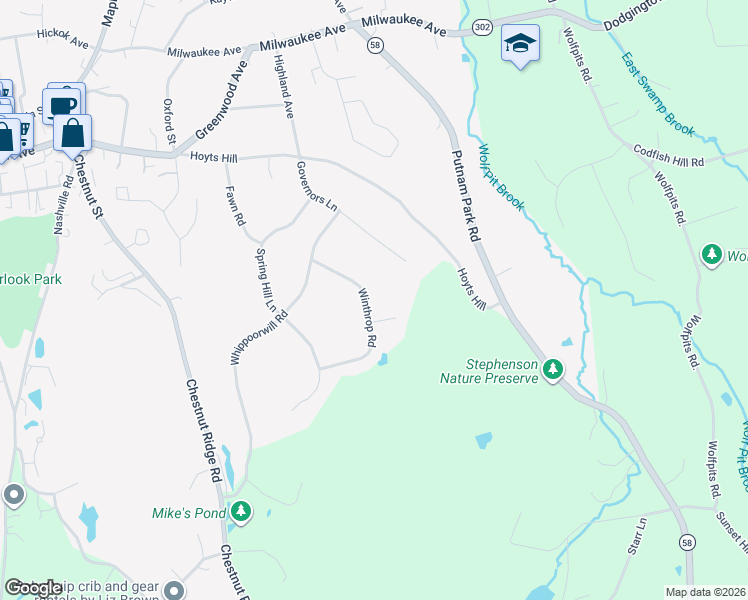 map of restaurants, bars, coffee shops, grocery stores, and more near 12 Winthrop Road in Bethel