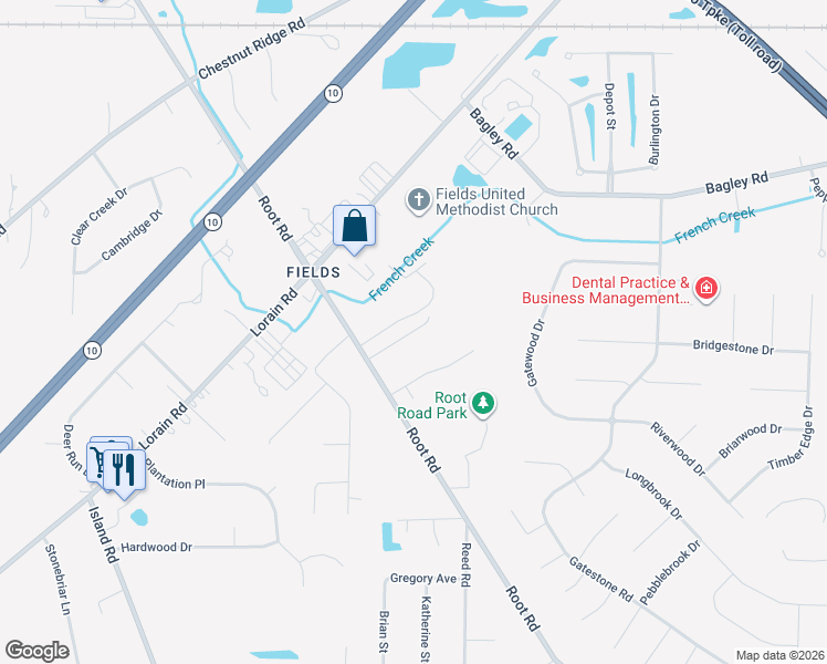 map of restaurants, bars, coffee shops, grocery stores, and more near 8667 Root Road in North Ridgeville