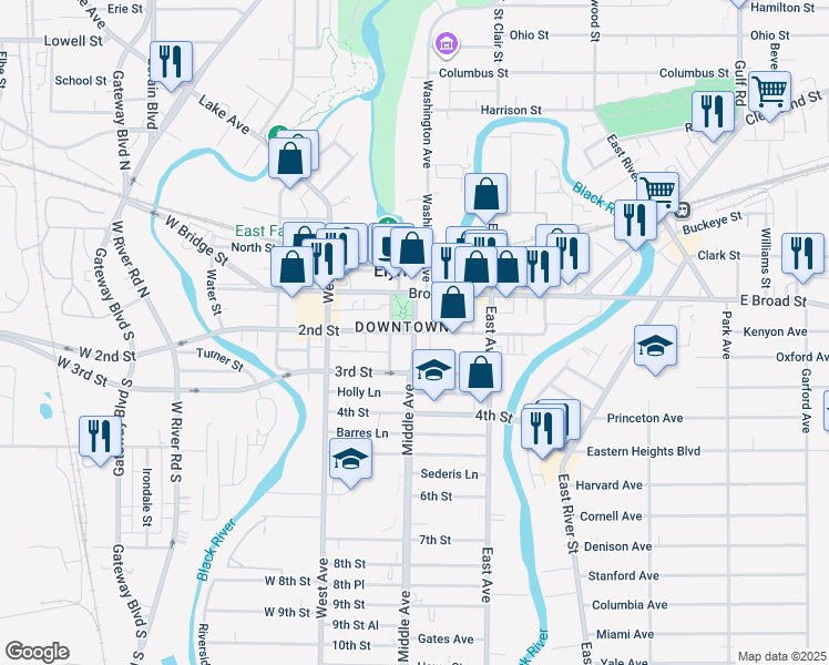 map of restaurants, bars, coffee shops, grocery stores, and more near in Elyria