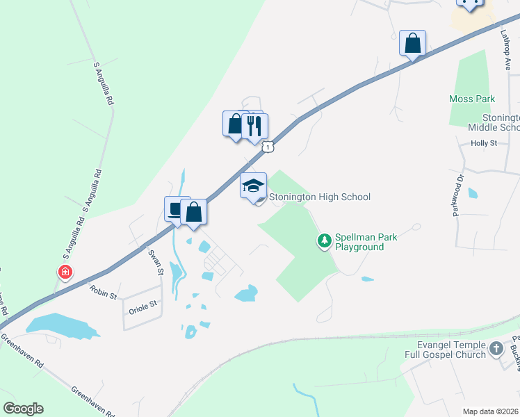 map of restaurants, bars, coffee shops, grocery stores, and more near 176 South Broad Street in Stonington