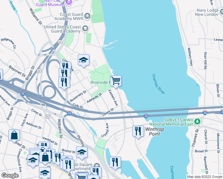 map of restaurants, bars, coffee shops, grocery stores, and more near 55 Eastern Avenue in New London
