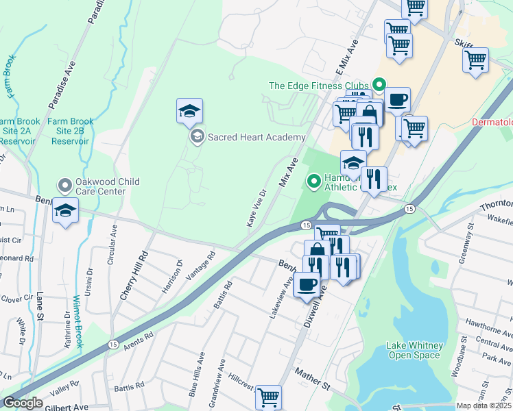 map of restaurants, bars, coffee shops, grocery stores, and more near 75 Kaye Vue Drive in Hamden