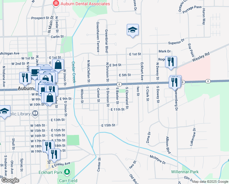 map of restaurants, bars, coffee shops, grocery stores, and more near 709 East 7th Street in Auburn