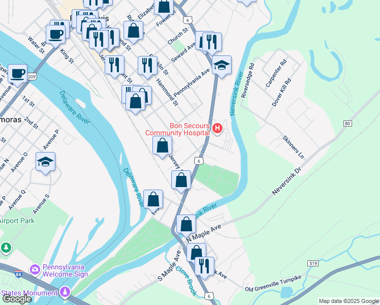 map of restaurants, bars, coffee shops, grocery stores, and more near 13 Cole Street in Port Jervis