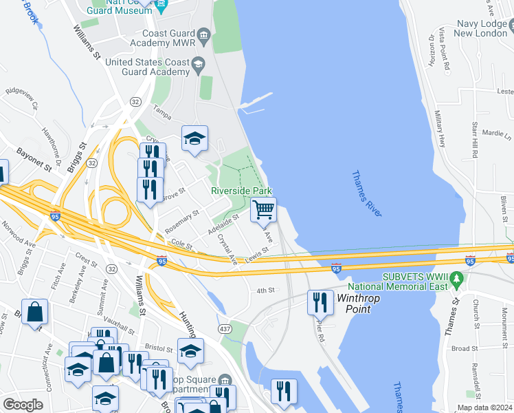 map of restaurants, bars, coffee shops, grocery stores, and more near 55 Eastern Avenue in New London
