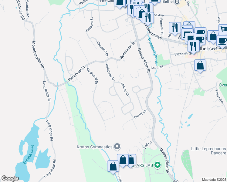 map of restaurants, bars, coffee shops, grocery stores, and more near 32 Bethpage Drive in Bethel