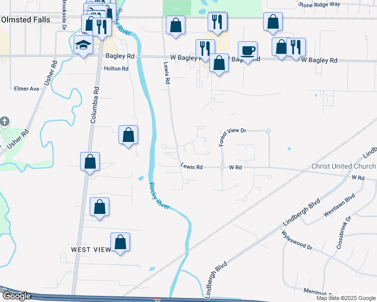 map of restaurants, bars, coffee shops, grocery stores, and more near 24769 Grove Pond Way in Olmsted Falls