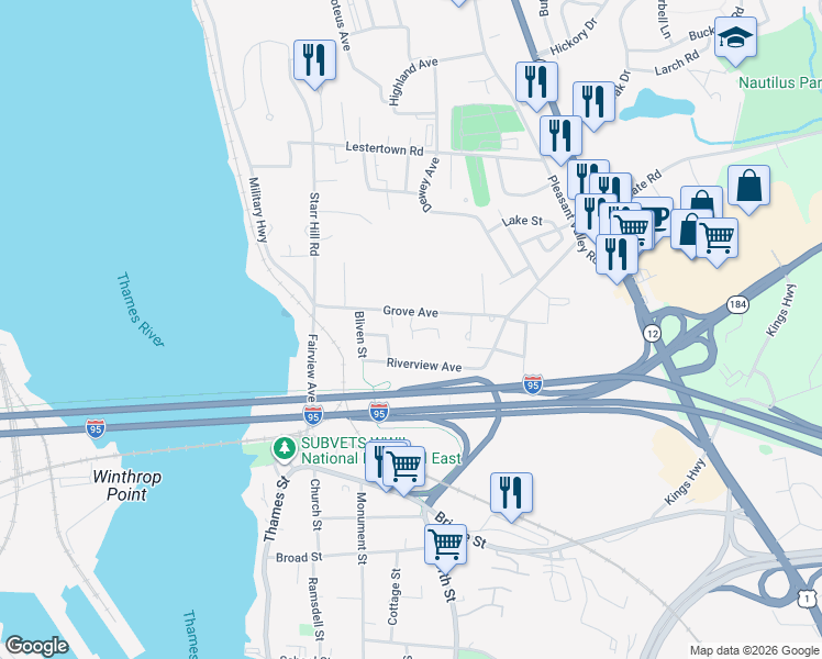 map of restaurants, bars, coffee shops, grocery stores, and more near 55 Fieldside Drive in Groton
