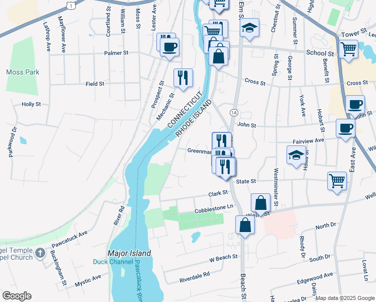 map of restaurants, bars, coffee shops, grocery stores, and more near 24 Mariner Heights in Westerly