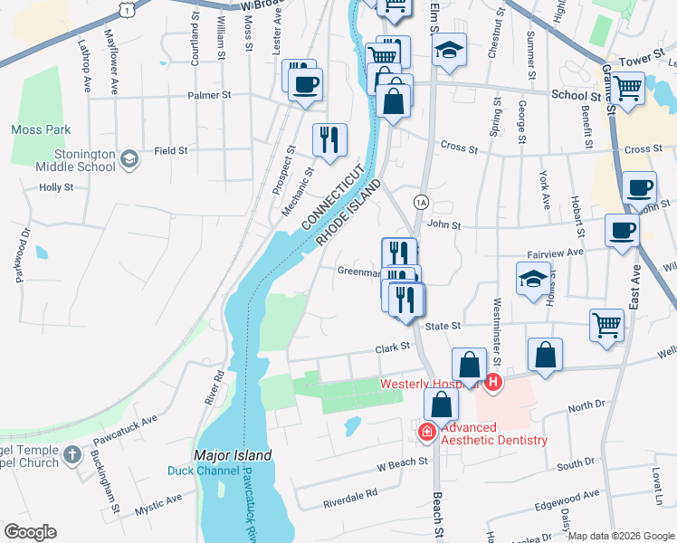 map of restaurants, bars, coffee shops, grocery stores, and more near 31 Greenman Avenue in Westerly