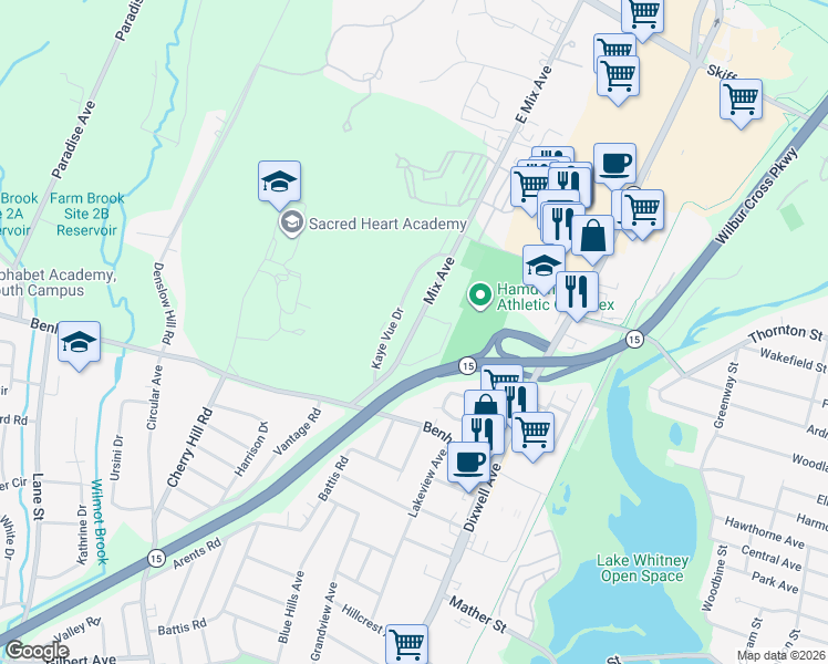 map of restaurants, bars, coffee shops, grocery stores, and more near 347-431 Mix Avenue in Hamden