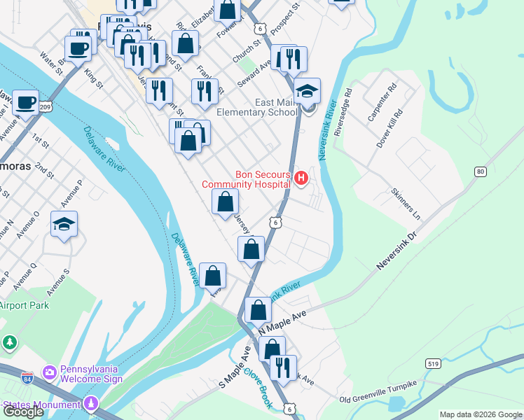 map of restaurants, bars, coffee shops, grocery stores, and more near 5 Cole Street in Port Jervis