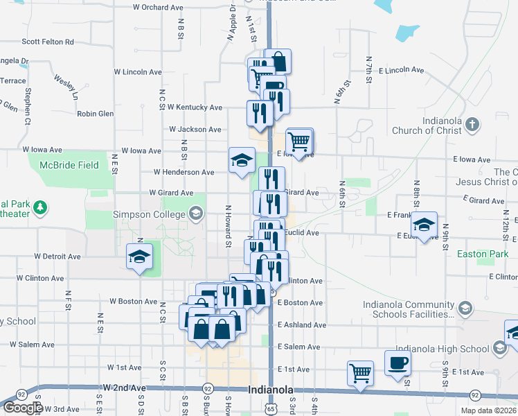 map of restaurants, bars, coffee shops, grocery stores, and more near 708 North 1st Street in Indianola