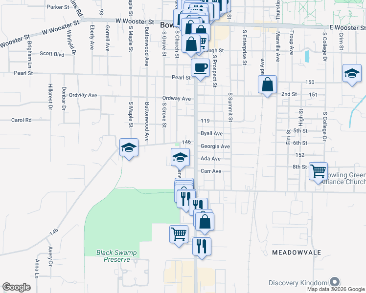 map of restaurants, bars, coffee shops, grocery stores, and more near 201-223 Sand Ridge Rd in Bowling Green