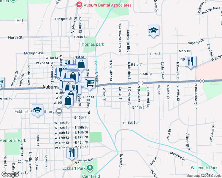map of restaurants, bars, coffee shops, grocery stores, and more near 137 S McClellan St in Auburn