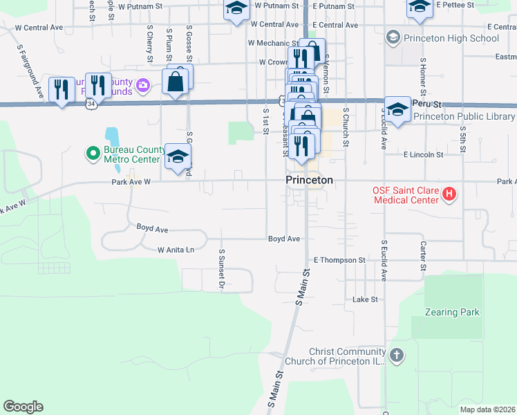 map of restaurants, bars, coffee shops, grocery stores, and more near 729 South 1st Street in Princeton