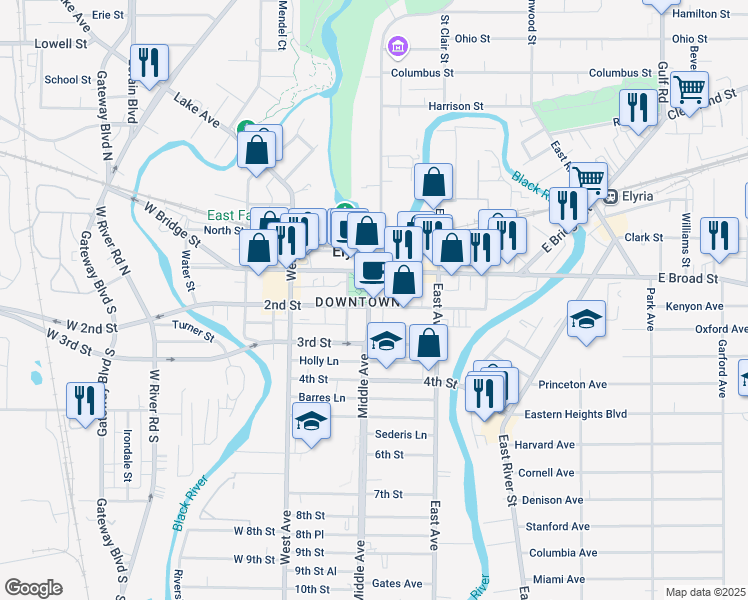 map of restaurants, bars, coffee shops, grocery stores, and more near 140 Middle Avenue in Elyria