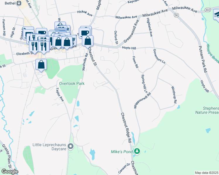map of restaurants, bars, coffee shops, grocery stores, and more near 100 Chestnut Ridge Road in Bethel