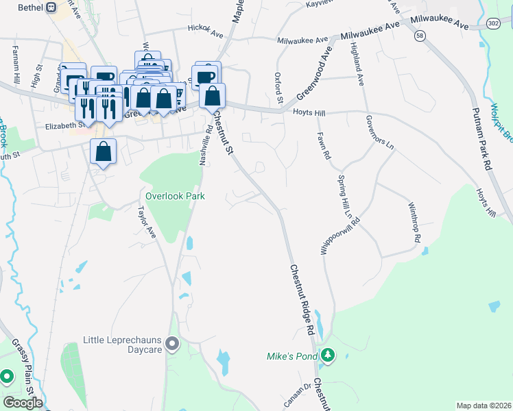 map of restaurants, bars, coffee shops, grocery stores, and more near 85 Chestnut Street in Bethel