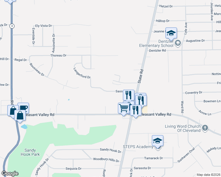map of restaurants, bars, coffee shops, grocery stores, and more near 5106 Sassafras Drive in Parma